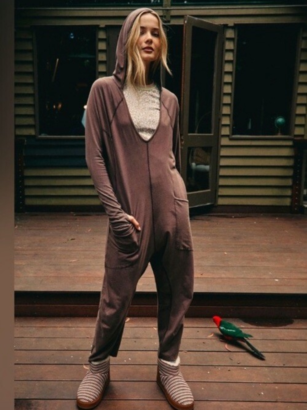 New Free People Movement Longsleeve Hooded Hot Shot Romper in Dark espresso